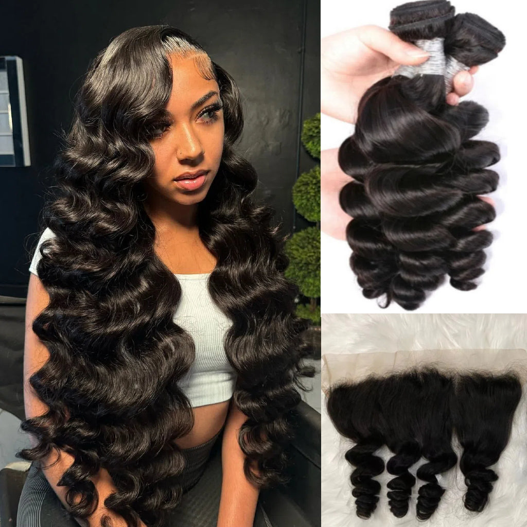 10A Brazilian Loose Wave 3 Bundles With Lace Frontal Fleeky Hair