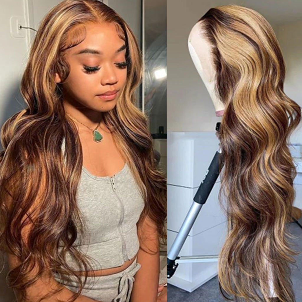 Balayage Honey Blonde Highlight 13x4 Lace Frontal Wig Body Wave HD Lace Wig