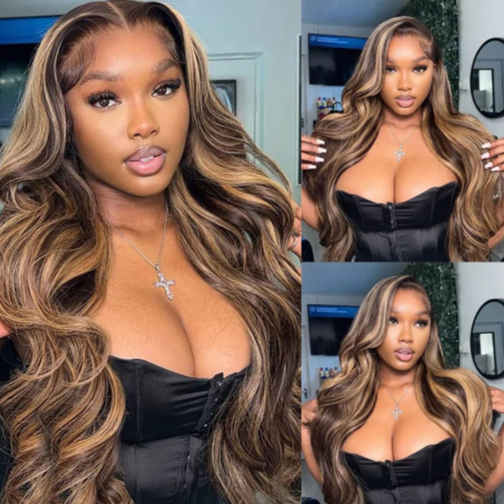 Fleeky Hair Highlight Wig Body Wave 13x4 Lace Front Wig Ombre Brown Honey Blonde Piano Color 4 27 Transparent Lace Wig