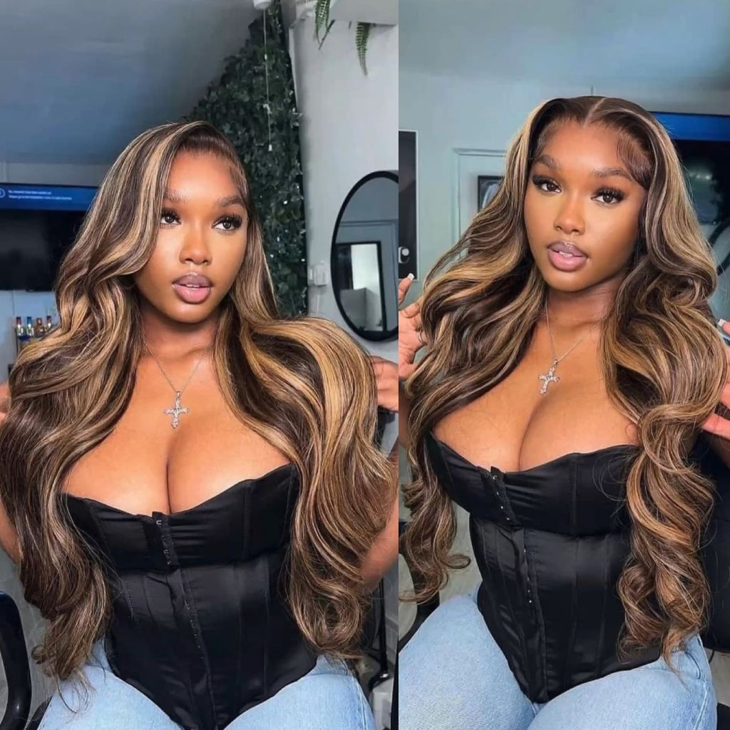 Fleeky Hair Highlight Wig Body Wave 13x4 Lace Front Wig Ombre Brown Honey Blonde Piano Color 4 27 Transparent Lace Wig