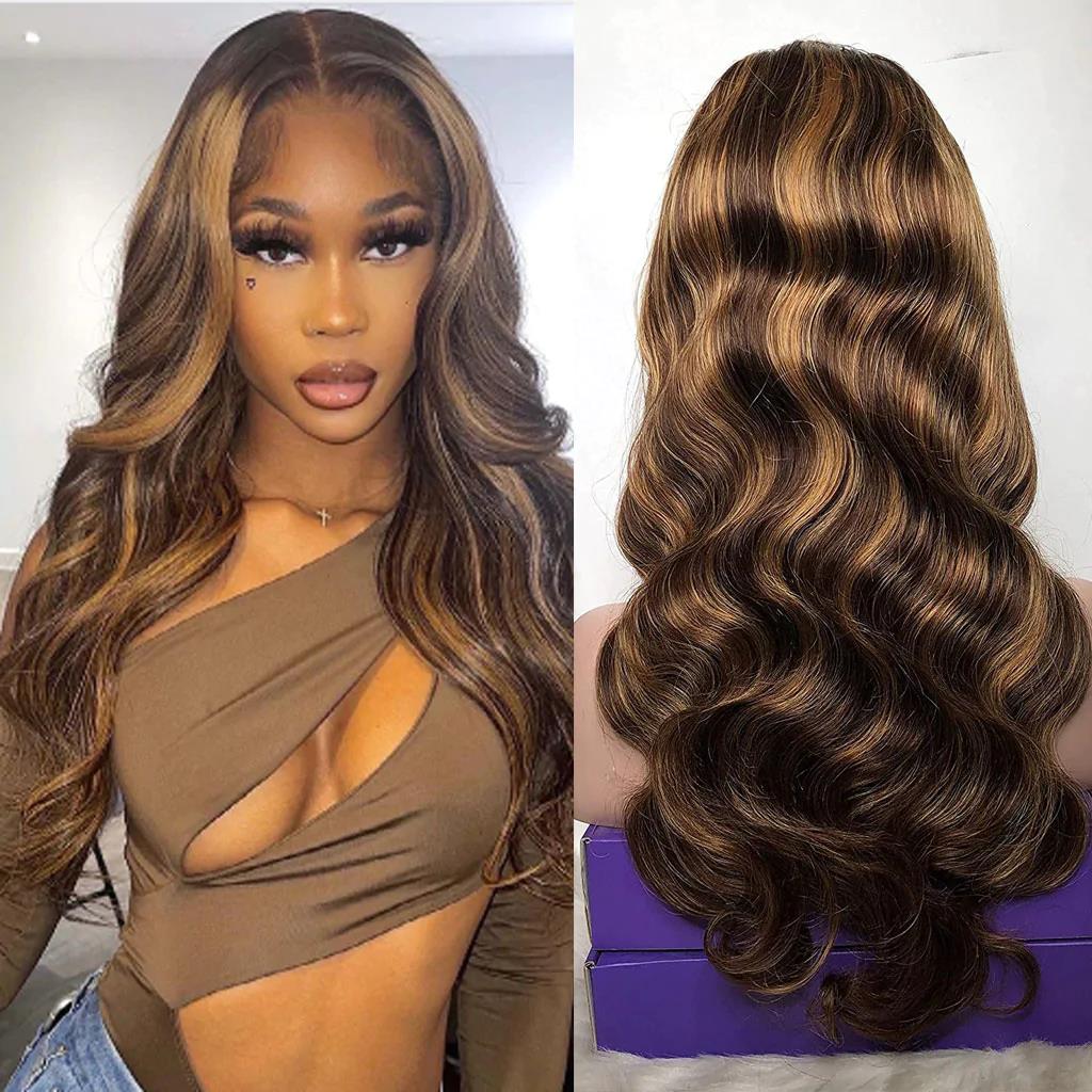 Fleeky Hair Highlight Wig Piano Color 4 27 Ombre Brown Honey Blonde Body Wave 4x4 Lace Closure Wig Transparent Lace Wig