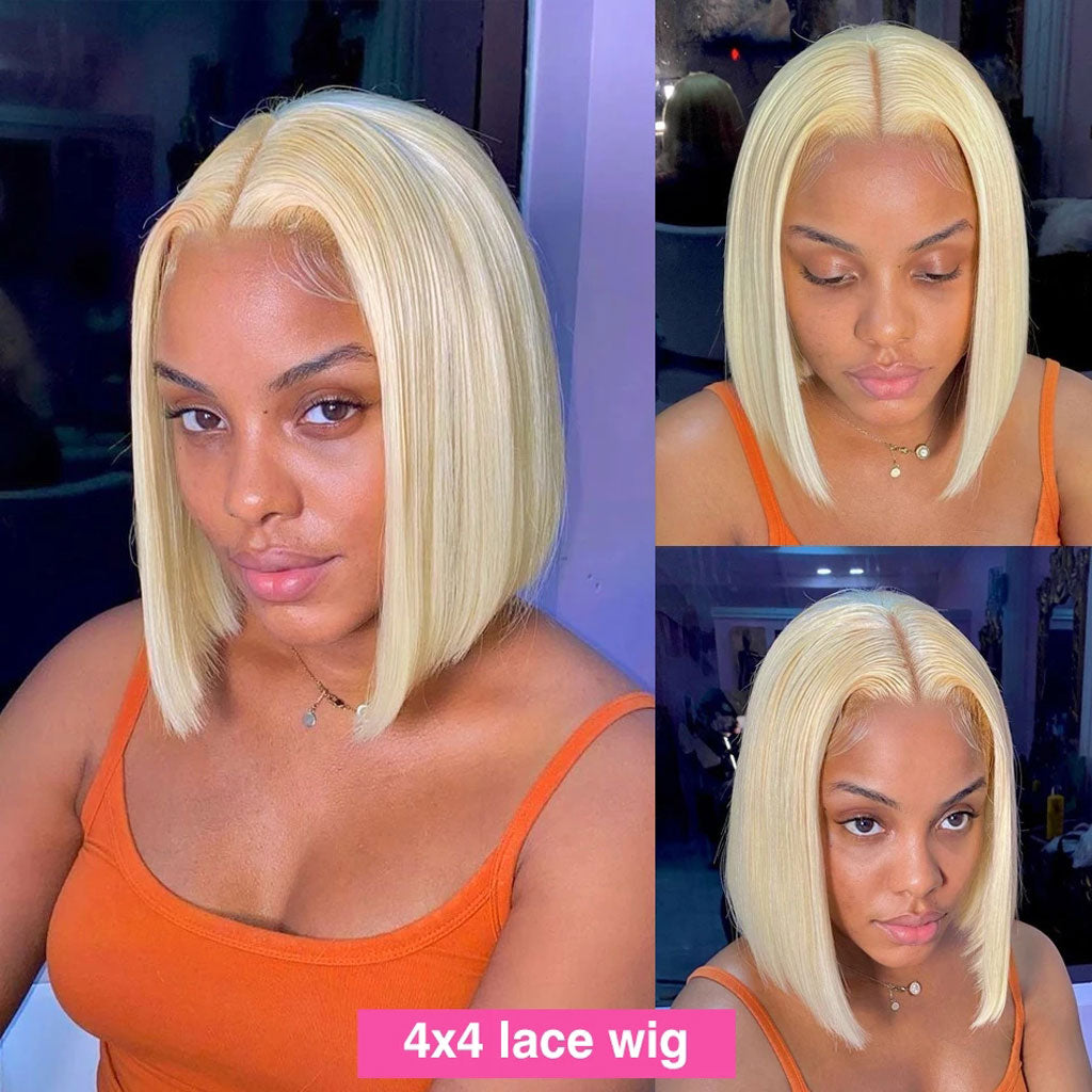 613 Blonde Bob Wig Straight Hair 4x4 Transparent Lace Closure Bob Wig Pre Plucked Middle Part Short Bob Wig