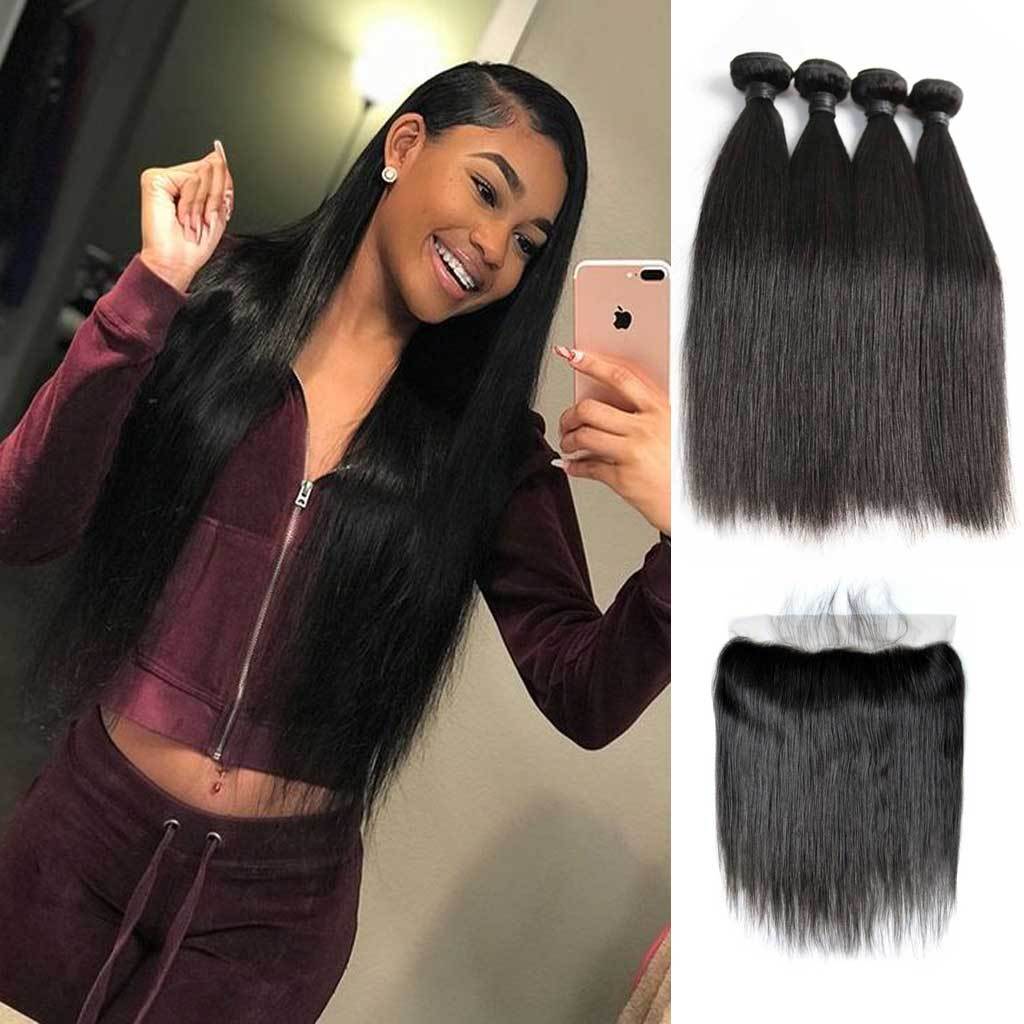 10A Brazilian Straight 4 Bundles With Lace Frontal Fleeky Hair