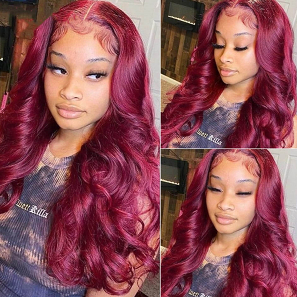 Red Color Wig Burgundy #99J Body Wave 13x4 Lace Front Wig 4x4 Lace Clo –  Fleeky Hair