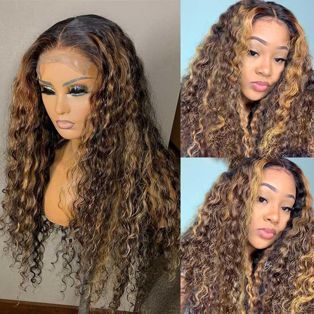 Fleeky Hair Highlight Wig Deep Wave 4x4 Lace Closure Wig Ombre Brown Honey Blonde Piano Color 4 27 Transparent Lace Wig